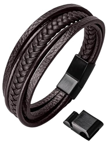 HOOF | Bracelet Homme en Cuir Véritable Noir/Brun | Bracelet Tressé | 19,5 cm - 27 cm | Fermeture Magnétique en Acier Inoxydable | Élégante Boîte de Bijoux | Cadeau pour Hommes, Amis, Partenaires