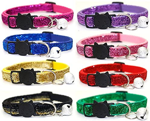SOYAO NA Lot de 8 Colliers pour Chat à libération Rapide Extra Doux avec Cloche pailletée réglable 19 à 32 cm, Multicolores