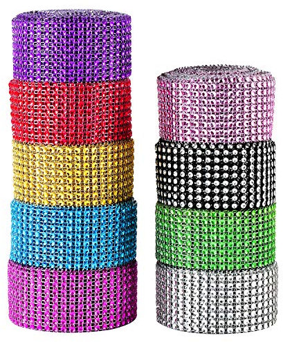 Berolle 9 Rolls 9 Yards Rhinestone Mesh Ribbon Acrylic Crystal Diamond Ribbon Trim for Home Decoration Cake Wedding Party（8 Row,9 Colors）