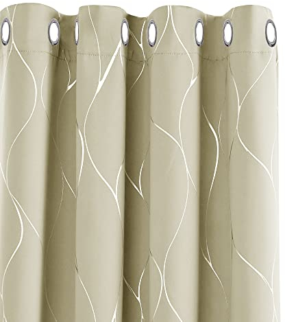 Deconovo Window Treatment Eyelet Room Darkening Curtains, Silver Wave Line Foil Printed Blackout Curtains for Living room, 46 x 90 Inch(Width x Length), Beige, 1 Pair