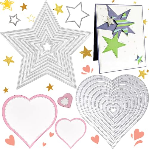 18 Stück Stars Stanzschablonen Metall Kit, Heart Cutting Dies Metall Schablonen, Stanzschablone Geometrisch Set, Stanzschablonen Metall Kit, 10xLiebesschimmel, 8xSternform, DIY Sammelalbum, Geschenk