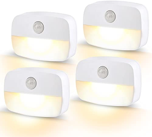 AmmToo LED Nachtlicht mit Bewegungsmelder, 4 Stück kinder Bewegungslicht mit Batterie, Indoor Treppenbeleuchtung,Auto EIN/AUS Sensor Licht Für Flur, Bad, Schlafzimmer,Orientierungslicht,Warmes Weiß