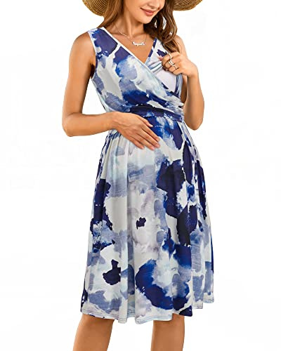 OUGES Damen Sommer Umstandskleid Midi Stillkleid Baumwolle Kleider für Schwangere Lässiges Umstandsmode mit Taschen