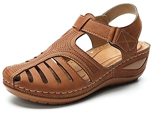 HHZY Sandales Femme Été Confortable Talon Compensées Nu-Pieds Mode Chaussure Orthopédique Bout Fermé Plateforme Cuir PU Grande Taille Chaussures de Plage,Marron,43