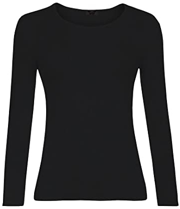 KATSSI Women's Long Sleeve Stretch Plain Round Scoop Neck T Shirt Top, Viscose, Regular Fit, S