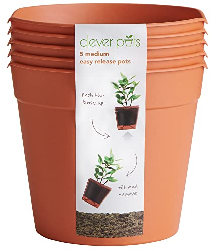 Clever Pots Easy Release Kunststoff-Blumentöpfe, 5 Stück, mittelgroße Blumentöpfe, Blumentopf für den Außen- oder Innenbereich, leicht und wetterbeständig für Blumen und Pflanzen, Terrakotta