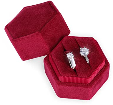 AIEX Ringbox aus Samt, für Schmuck, Doppelschlitze, Sechseck, Ringbox, für Verlobung, Zeremonie, Hochzeit, Valentinstag, mit 2 Ringen (Weinrot)