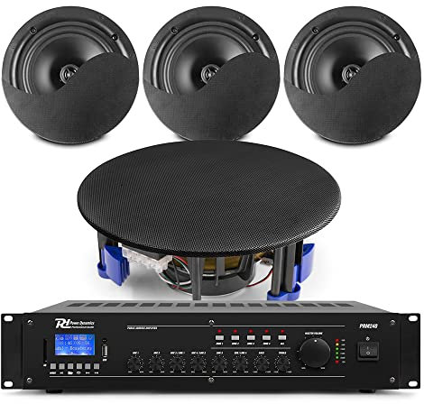 Power Dynamics Black Ceiling Speaker System - 4 x 8 NCSP8B Commercial Audio Package with Bluetooth Amplifier, MP3 Player, 4-Zone Control - Ideal for Restaurants, Cafes, Offices & Retail Spaces