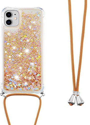 Handykette Handyhülle für iPhone 12 / iPhone 12 Pro Hülle,Glitzer Quicksand kreatives Fließende Flüssigkeit schwimmt Silikon Case mit Umhängeband Handykordel Band Kette für iPhone 12,GS Gold Heart