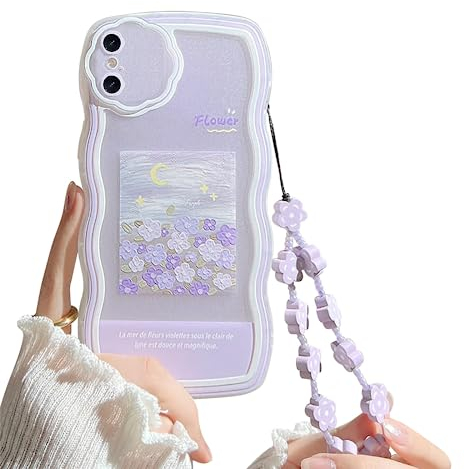Ownest Kompatibel mit iPhone X Hülle und iPhone XS Hülle Lila Blumen Armband Aesthetic Cute Schön Süßes Blumen Design Handyhülle Frauen Mädchen Women Teen Girls Case + Kette Blume
