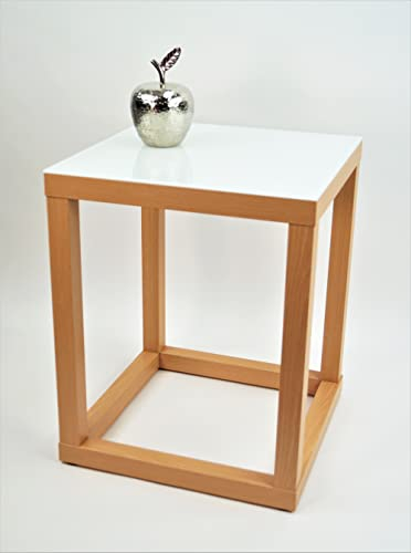 freeroom24, Beistelltisch, Wohnzimmertisch, Couchtisch, Coffee Table, Kleiner Kaffeetisch, Blumenhocker, Blumensäule, Cube, Holzoptik Buche Nachbildung, Glas weiß, 40 x 40 x 40cm, Made in Germany