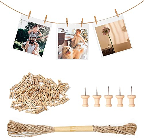 Furuising Lot de 156 Mini Pince a Linge Bois, 25mm Naturel Epingle a Linge, Petite Pinces à Linge avec 10m Corde de Jute et 5 Crampons, pour Mariage Cartes Postales Photo Décorer