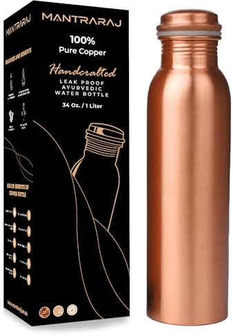 MantraRaj Botella de agua de cobre 100% puro, 1 litro, 34 onzas, a prueba de fugas, recipiente de cobre ayurvédico perfecto para deportes, fitness, yoga, gimnasio, beneficios naturales para la salud,