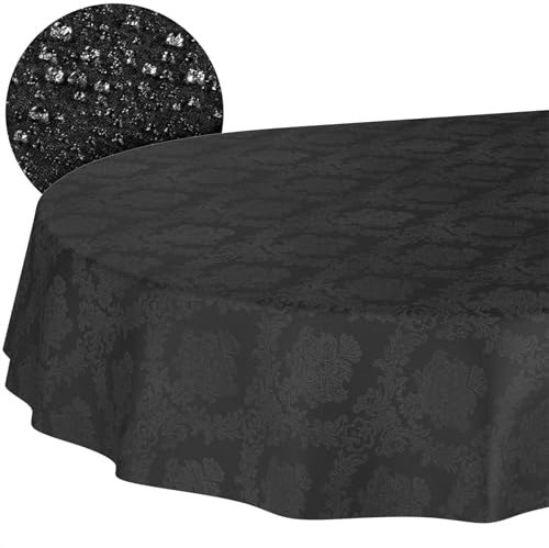 Stoff Tischdecke Textil Tischwäsche Tischtuch Baumwolle Polyester abwaschbar Uni Ornament Damast Jacquard Gewebe waschbar Barock Schwarz Oval 180x140cm Schnittkante