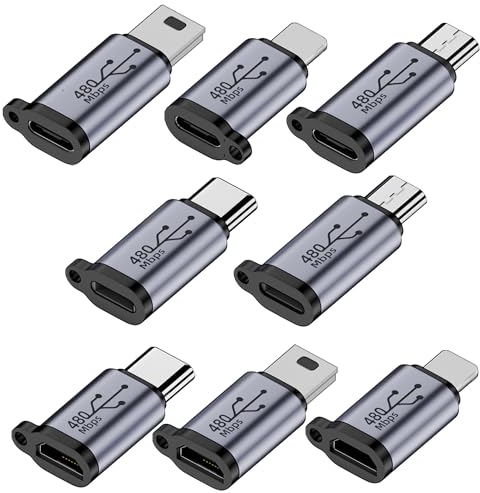 RULGOI Lightning auf USB C Adapter, USB C Adapter, Micro USB Adapter, Mini USB Adapter 8 Pack Female to Male USB 2.0 für Navi, die Aktioncam zum Einsatz, Smartphone