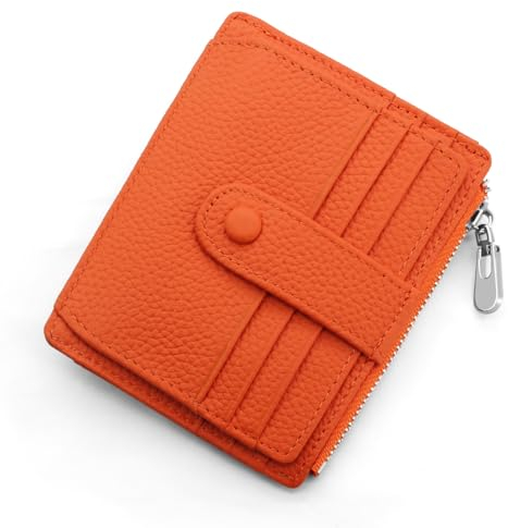 Porte Carte de Crédit Cuir Véritable Homme Femme RFID Blocage Portefeuille Cuir Petit Porte Carte Slim avec Poche à Monnaie, Porte Feuille avec 14 Emplacements et Petit Porte Monnaie (Orange)