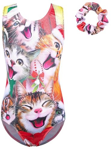 ZNYUNE Mädchen Balletttrikot Bunte Flocken von Schnee Element Kinder Gymnastik Sportbekleidung Gymnastikanzug 3-12 Jahre, ChristmasCat, 9 - 10 Jahre