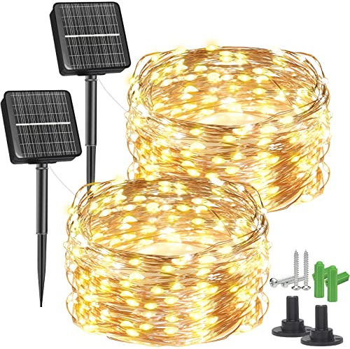 2 Stück * 12 M Solar Lichterkette Aussen, 120 LED 8 Lichtmodi Kupferdraht Solar Lichterkette, Beleuchtung Außen Deko Wetterfest für Garten, Bäume, Balkon, Terrasse, Tor, Hof, Weihnachten(Warmweiß)
