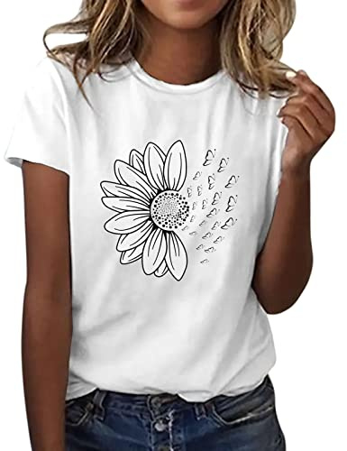 NQyIOS Women's Tunic Tops for Casual Flower Print Short Sleeve Crewneck T Shirt, Lightweight Tee, Tank Tops, Loose Fit, Round Neck, Plus Size, Long Length, Polyester, Spandex