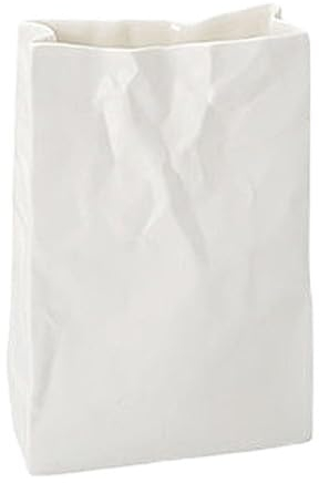 Weiße Keramik-Tütenvase, quadratische Keramik-Blumenvase, einzigartige Keramikvase mit breiter Öffnung, breite Öffnung, plissierte Vase, Papiertüten-inspiriert, ästhetisch, minimalistisch,