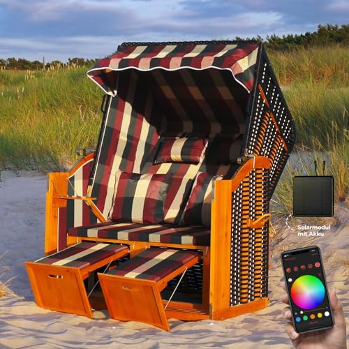 Swing & Harmonie LED - Strandkorb XXL - 118cm inkl. Abdeckcover Luxus Volllieger mit Solarmodul Ostsee Sonneninsel Rattan Möbel Polyrattan (rot/grün/beige - kariert)