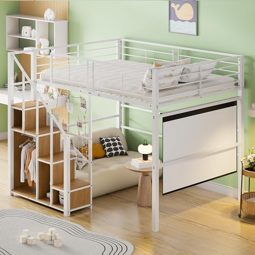 Idemon Cama alta con escalera de seguridad 140 x 200, cuna con marco de hierro y estante, cama juvenil (blanco)
