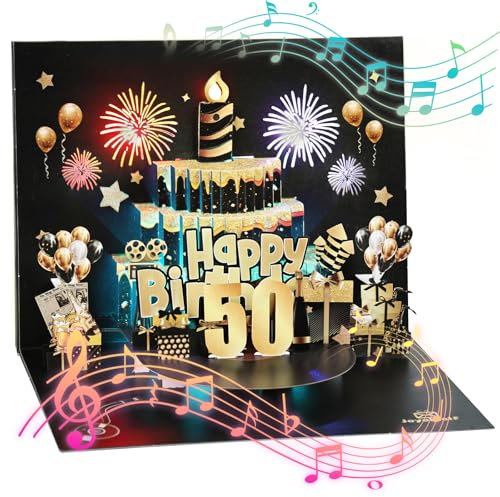 Joyoldelf 50 Geburtstagskarte mit Musik - 90° Pop Up Karte mit Lichtern und Interaktiven Kerzen, 3D Grußkarten Geburtstagsgeschenk für Männer, Frauen, Freunde, Familie