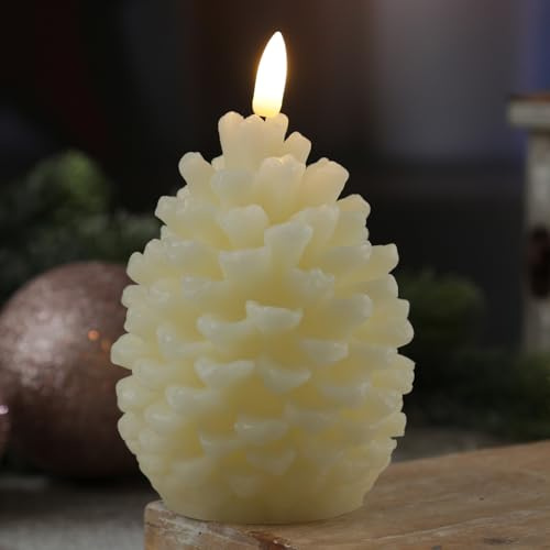 MARELIDA LED Kerze Tannenzapfen Echtwachsskerze Weihnachtskerze Weihnachtsdeko Batteriebetrieb H: 13cm Timer (Creme)