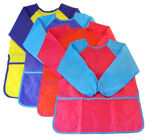 4 Stück Malschürze Kinder, Malkittel Kinder Bastelschürze mit Langen Ärmeln & Taschen, Kinderschürze Wasserdichter Kittel Schürze für Mädchen Junge Malen Basteln Kochen Backen(64 * 40 cm)