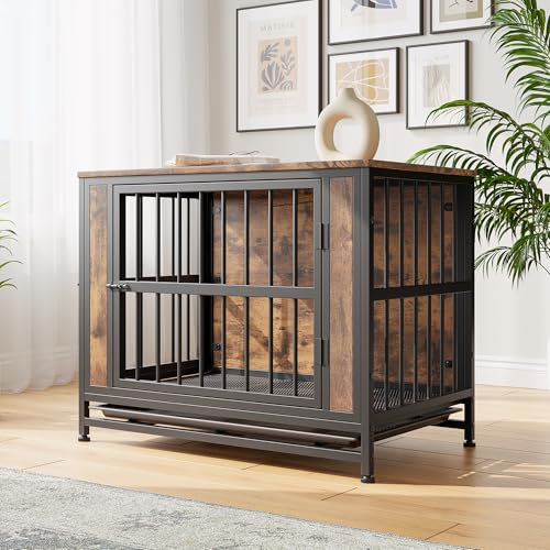 VECOCHO Dog Crate Furniture Heavy Duty Dog Cage for Large/Medium Dogs, Wooden Dog Kennel Indoor,Dog House with Removable Tray,Double Doors Pet Crate Side End Table, Chew-Resistant,Rustic Brown