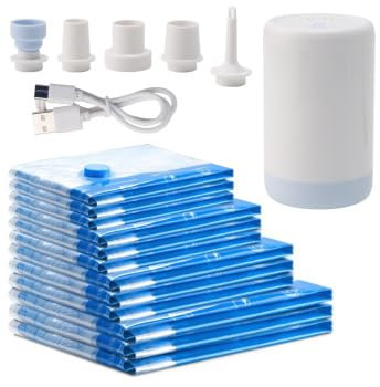 Sac sous Vide Vêtement Aspirateur et Pompe Électrique sans Fil, 12 Pack Économiseur d'Espace à Double Fermeture Éclair, Housse de Rangement pour Voyages