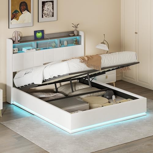 JiaOyu Polsterbett 140x200 - Stauraumbett mit LED, USB-Funktion & Lattenrost, Modernes Doppelbett aus Holz und Flanell mit Rückenlehne, Komfortables Jugendbett, ohne Matratze (140x200cm)