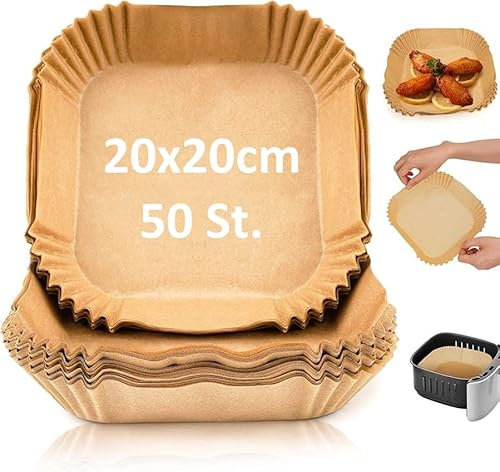 EMERIO Backpapier für Heißluftfritteuse | Hot Air Fryer | 50 St. | 20cm x 20cm | Einwegschale | universell geeignet für Modelle mit 20cm Innenmaße und größer | wasserfest - ölfest | PART-131313