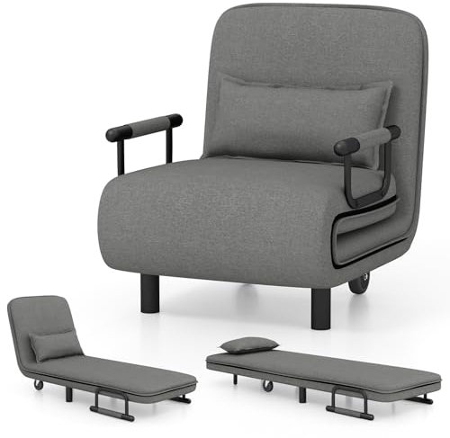 COSTWAY Single Folding Sofa Bed Chair Modern Fabric Sleep Function Holder W/Pillow & Wheel For Home Bedroom Living Room Office Indoor (Dark Grey)
