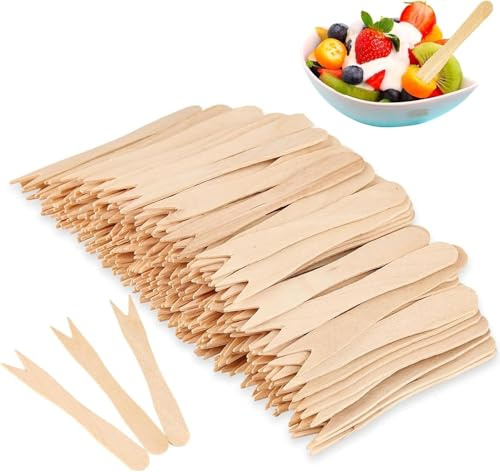 100 tenedores de patatas fritas, tenedores de madera desechables de 85 mm, pequeños cubiertos de madera, tenedores pequeños de madera, desechables, 100 unidades, para fiestas, cumpleaños, camping y