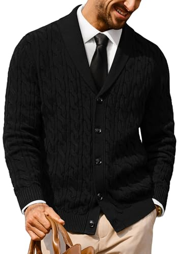 PJ PAUL JONES Men's Cardigans Shawl Neck Button Down Cable Knitted Cardigans Winter Coat Black L