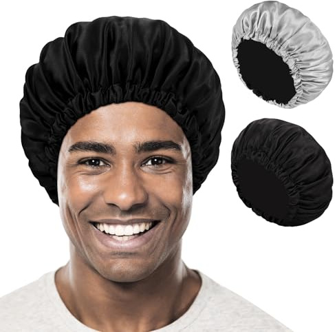 Halinuia 2 Pièces Bonnet Satin De Nuit pour Homme Et Femme Noir Et Gris