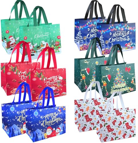 WAIZHIUA Geschenktüten Weihnachten, 12 Stück Non Woven Weihnachtstaschen, 6 Modelle 32.5 * 25 * 17cm, Wasserdicht und staubgeschützt, Wiederverwendbare Weihnachtsgeschenktüten