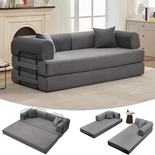 GarveeHome 79 Convertible Sleeper Sofa Bed Couch, 4-in-1 Boneless Corduroy Folding Sofa Bed with Pillow & Fixed-Shape, Floor Mattress Couch Loveseat for Living Room Apartments - No Assembly, Gray