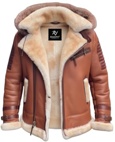 Men's Real Sheepskin B3 Bomber Jacket with Hood | Genuine Leather Aviator Coat | Shearling Fur Lined Winter Jacket (US, Alpha, 3X-Large, Regular, Regular, Brown)