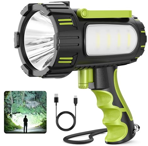 AlpsWolf Wiederaufladbare Strahler-Taschenlampe, 100.000 Lumen, superhell, Handstrahler, IP68 wasserdicht, Suchscheinwerfer mit faltbarem Ständer und 3-Farb-Linse für Camping, Jagd, Notfall