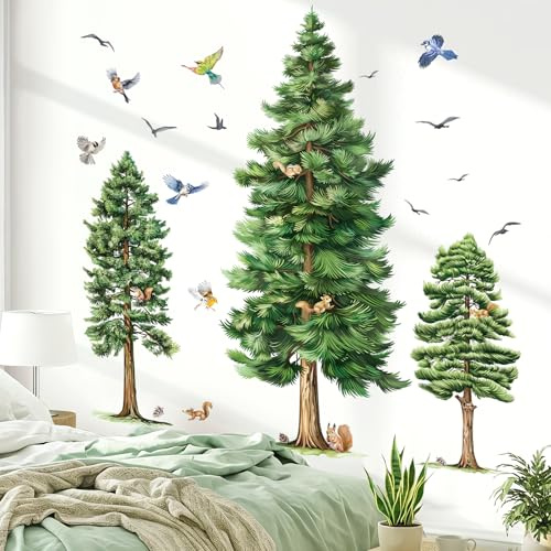 wondever Stickers Muraux Grand Arbre Pin Autocollants Muraux Forêt Oiseaux | Décoration Murale Peel & Stick, Décoration Chambre Salon Salle de Bains, Couleurs Vives et Nettes, Stickers Murals Amovible