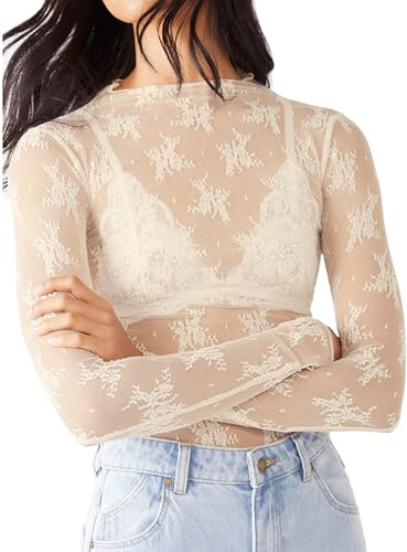 Lxootd Womens Mesh Lace Tops Long Sleeve Shirts Sexy Y2K Spring See Through Crew Neck Slim Fit Tops Streetwear 2026