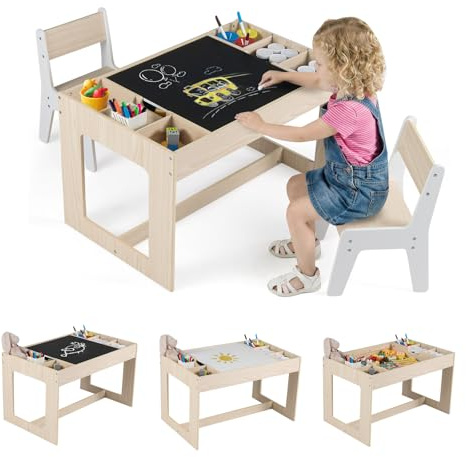 COSTWAY 3 in 1 Kindertisch mit 2 Stühlen, Kindersitzgruppe mit Stauraum, Kinder Tisch Stuhl Set mit wendbarer Tischplatte & abnehmbarem Trennwänden, Basteltisch Maltisch für Kinder ab 3 Jahren (Natur)