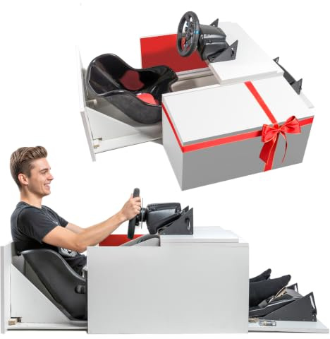 Simulador de Conducción con Volante Force Feedback (2,3NM) y Pedales Integrados en Mesa de Centro Elevable para Salón | Cockpit Gaming Compatible con PS5/PC | 79x79x47,5 cm (Blanco)