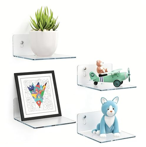 Kleine Wandregale, 4er-Set, transparente Schweberegale, 10 x 10 cm | PC-Kunststoff mit dezenter Optik für leichte Figuren, Deko und Sammlerstücke; Montage mit Klebestreifen oder Schrauben