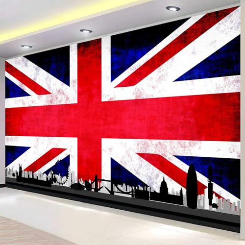 British Flag Wall Mural Wallpaper Non-Woven 3D Retro London Silhouette Photo Mural for Bedroom Living Room TV Background Art Print Wall Poster Picture Design 300x210 cm(WxH) 3190o