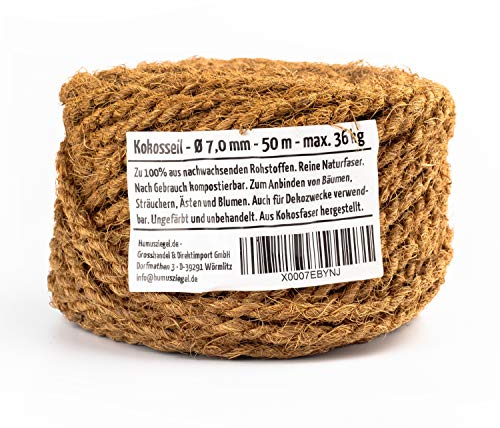 Humusziegel - Kokosseil 7 mm x 50 m – ungefärbte Naturfaser – Baumanbinder, Paketschnur, Pflanzenband & als Deko Braun