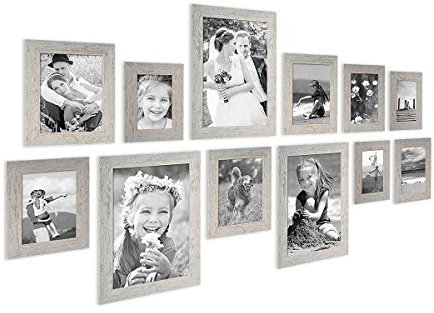 PHOTOLINI Bilderrahmen-Set Holz Grau, 12er Rahmenset Echtholz-Rahmen rustikal, Strandhaus, Made in Germany, Echtglas, zum Aufhängen, extra Zubehör - Treibholzlook mit einem Hauch Küstenflair