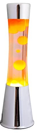 Fisura - Lavalampe orange. Verchromte silberne Basis, transparente Flüssigkeit und orangefarbene Lava. Lavalampe mit Ersatzbirne. 11 x 11 x 39,5 zentimeter.
